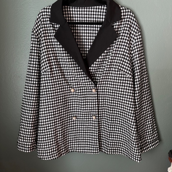 Lapel Neck Gingham Print Double Breasted Blazer - Picture 2 of 3